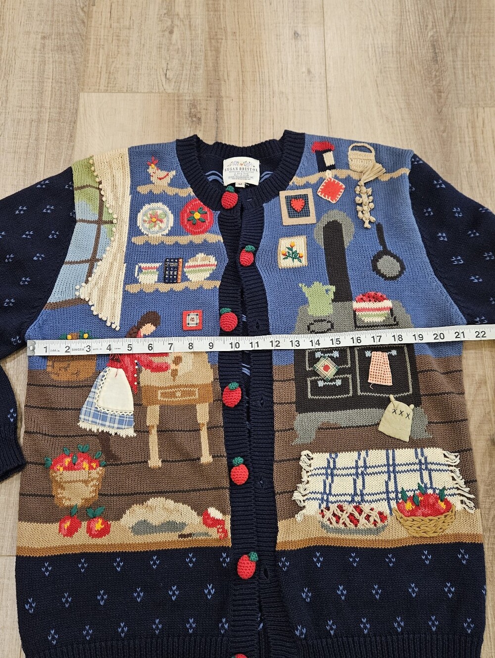 VTG 1995 Susan Bristol Cardigan Sweater Medium Folk Art Kitchen Art To Wear - Picture 10 of 11
